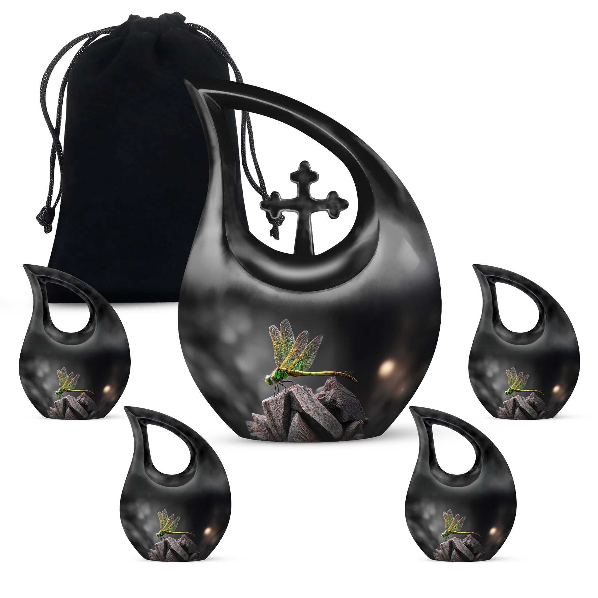 Jet Black Dragonfly Cremation Urn urn with complimentary velvet bag - cross and dragonfly combined in spiritual memorial design - memorial set with one large and four small urns