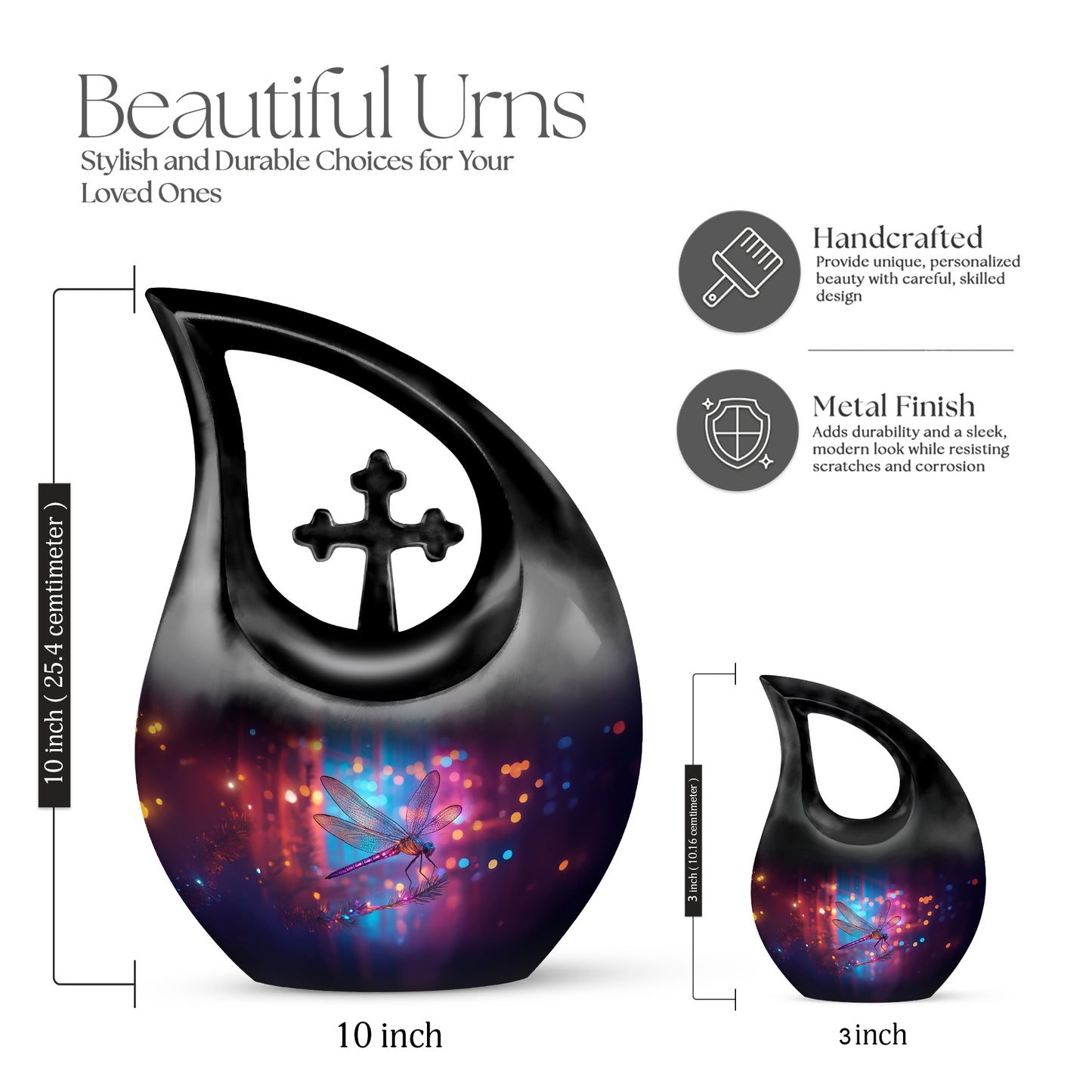 Powder Blue Dragonfly Cremation Urn back view with polished surface - cross and dragonfly combined in spiritual memorial design - mini keepsake memorial for portion of cremation ashes