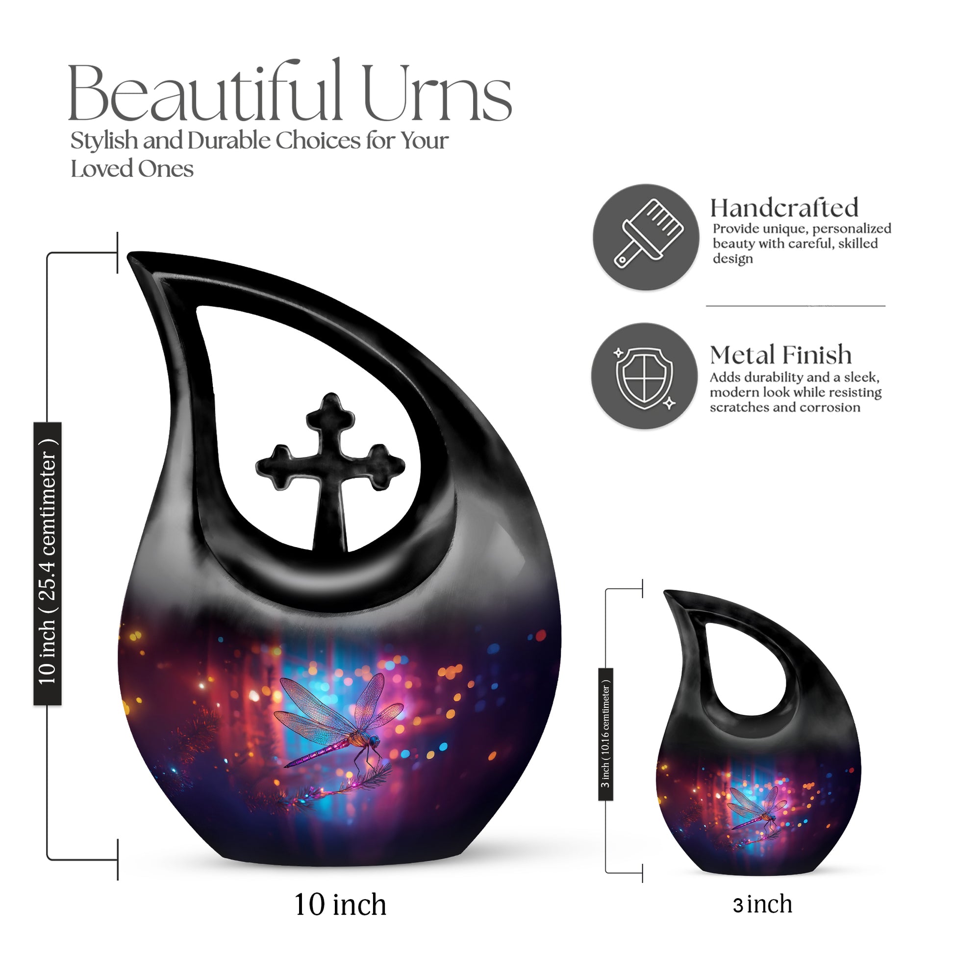 Powder Blue Dragonfly Cremation Urn back view with polished surface - cross and dragonfly combined in spiritual memorial design - mini keepsake memorial for portion of cremation ashes