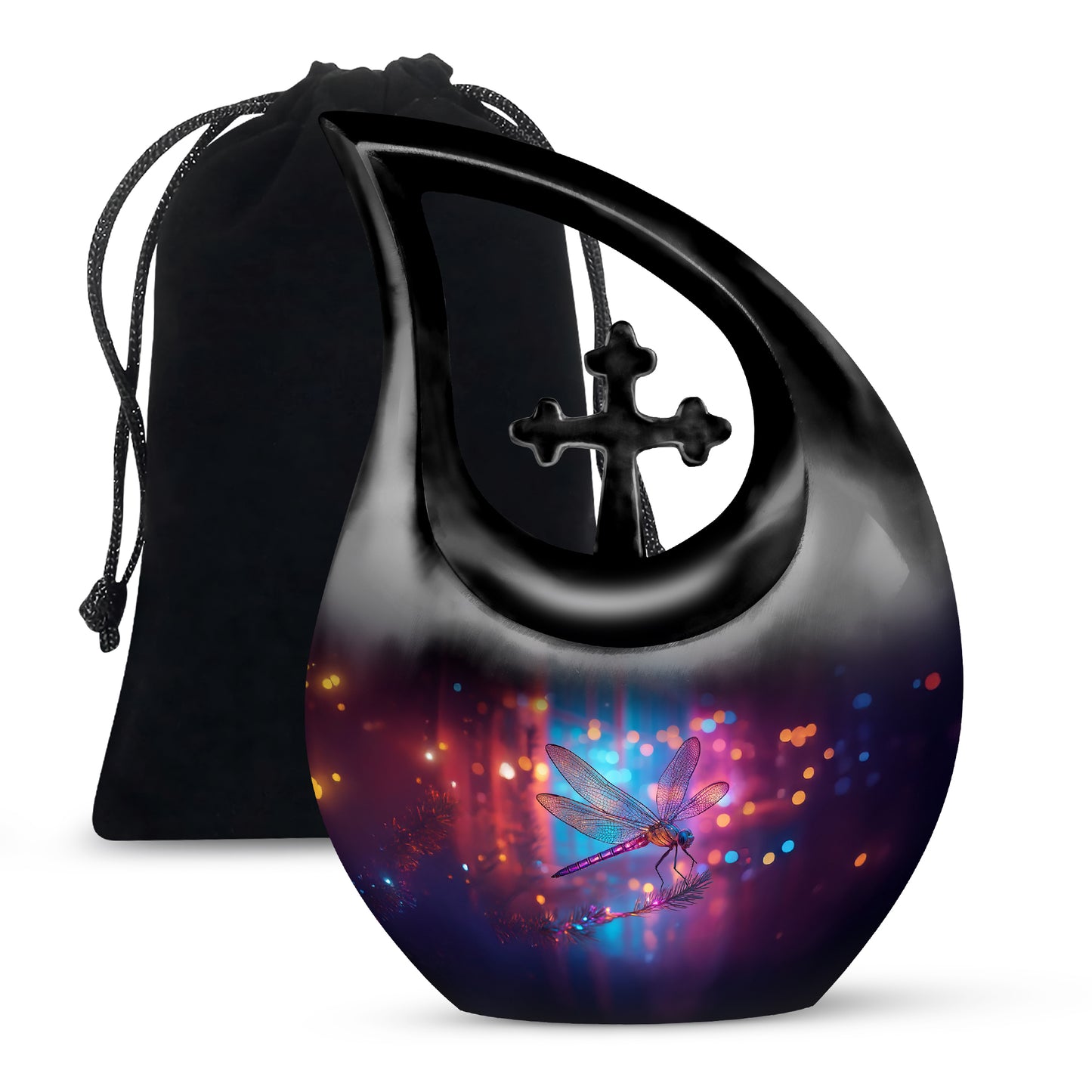 Celestial Blue Dragonfly Cremation Urn top-down view of secure threaded lid - sacred cross merged with dragonfly motif on metal - full-size 10 inch 200 cubic inch adult cremation urn