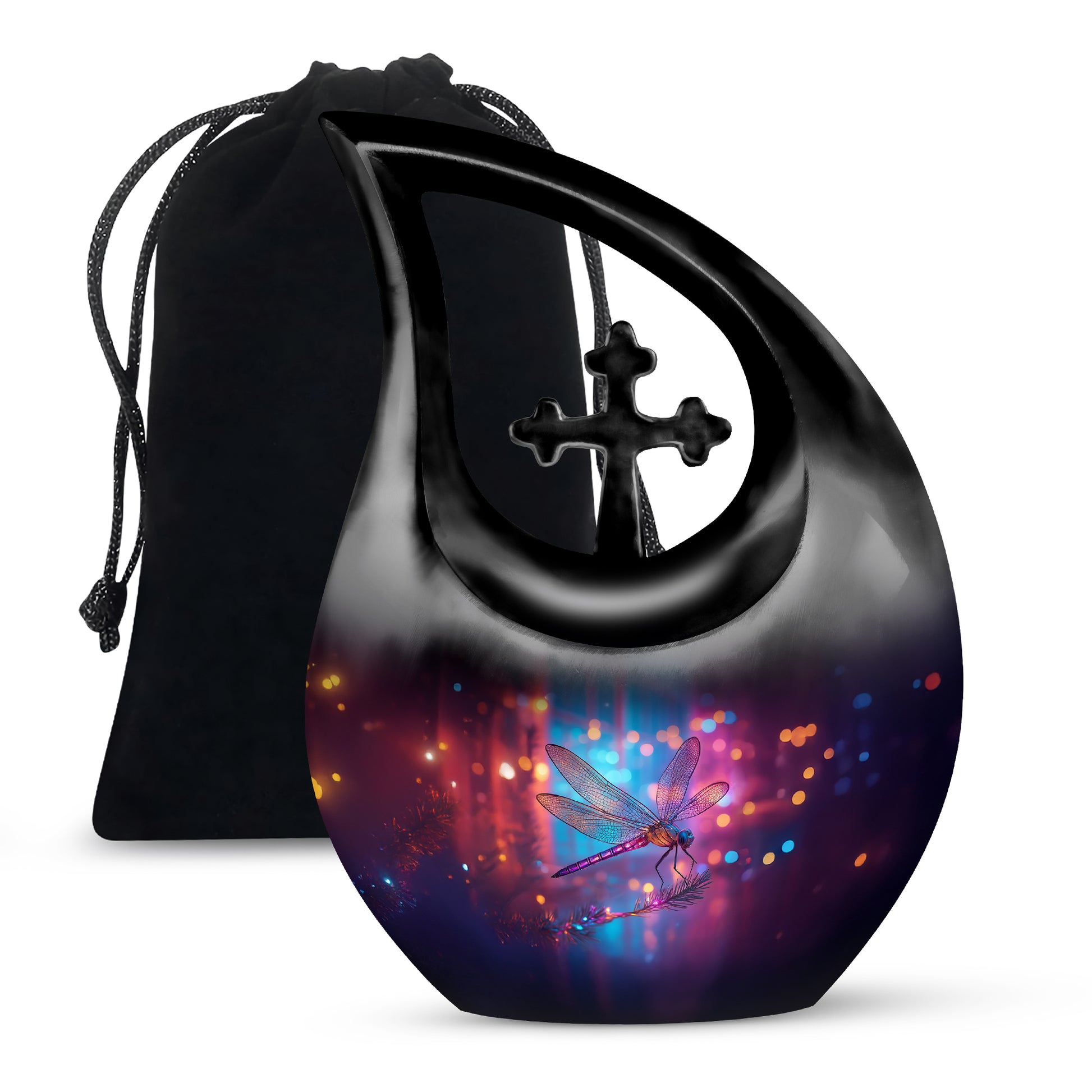 Celestial Blue Dragonfly Cremation Urn top-down view of secure threaded lid - sacred cross merged with dragonfly motif on metal - full-size 10 inch 200 cubic inch adult cremation urn