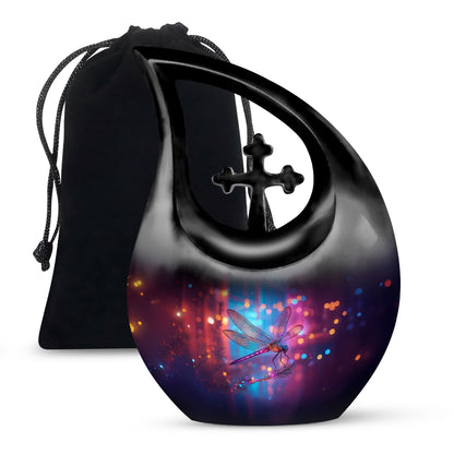 Celestial Blue Dragonfly Cremation Urn top-down view of secure threaded lid - sacred cross merged with dragonfly motif on metal - full-size 10 inch 200 cubic inch adult cremation urn