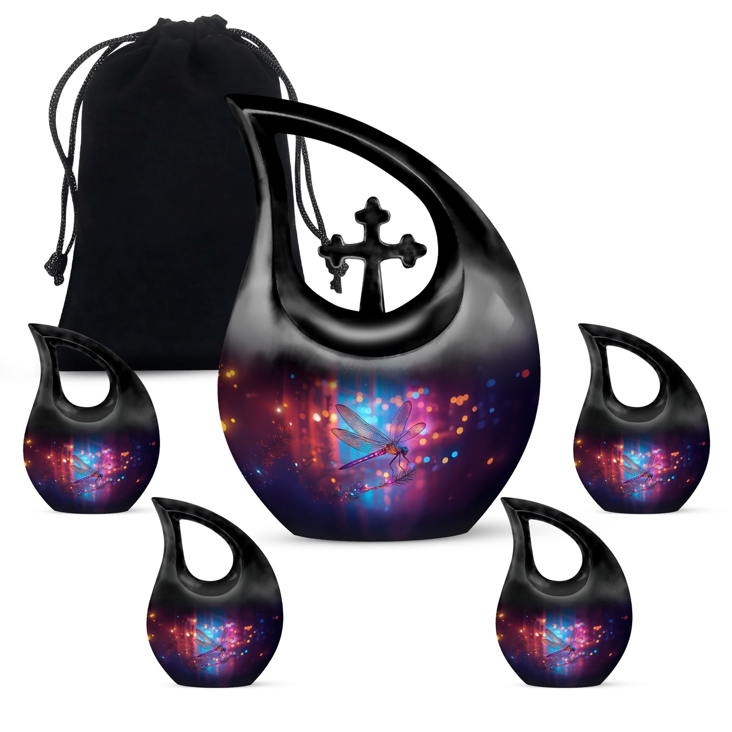 Cobalt Blue Dragonfly Cremation Urn urn with complimentary velvet bag - devotional cross-drop dragonfly engraving - memorial set with one large and four small urns