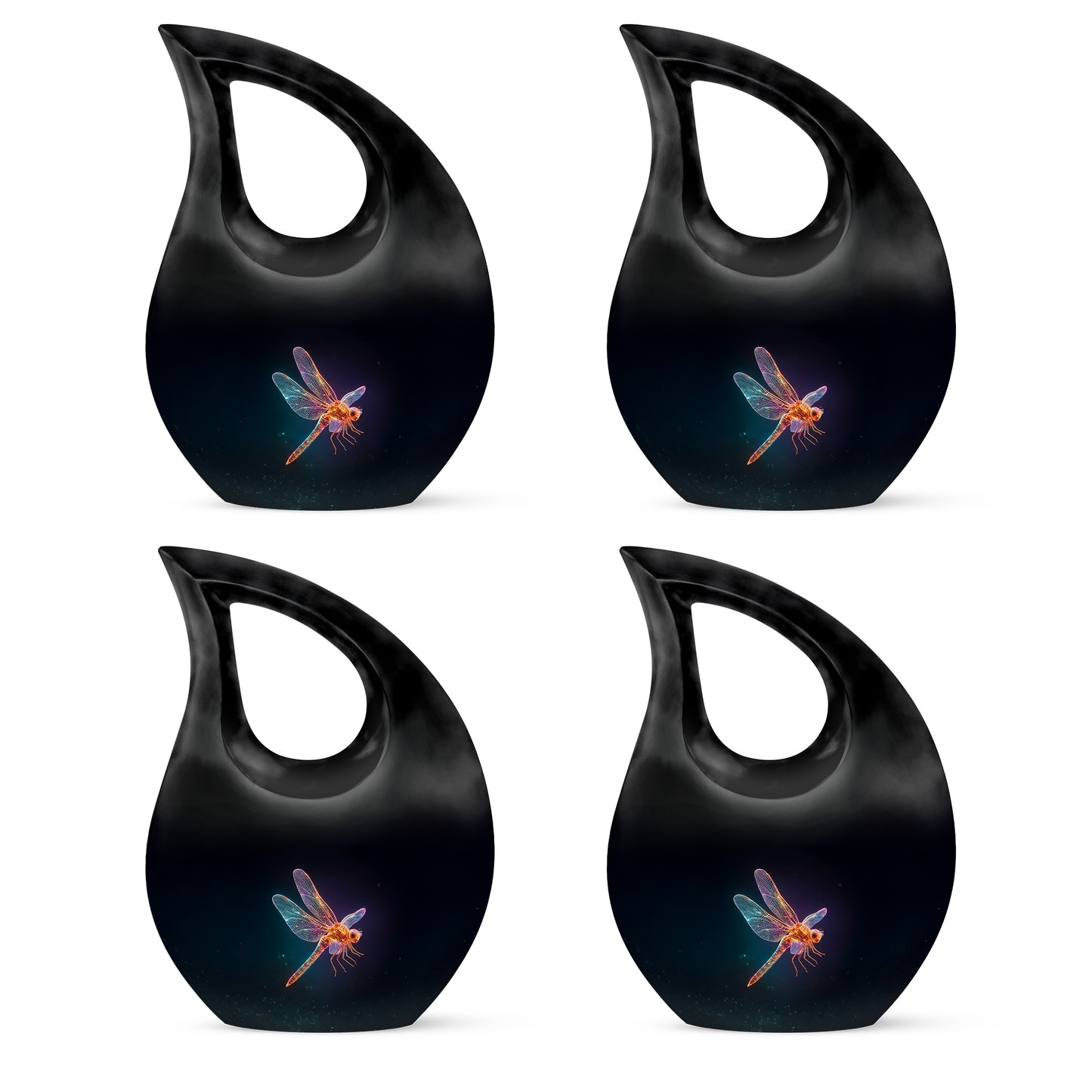 Dark Black Dragonfly Cremation Urn lifestyle display on memorial shelf - faith-inspired cross-drop urn with dragonfly pattern - 10 inch aluminum urn for cremated remains