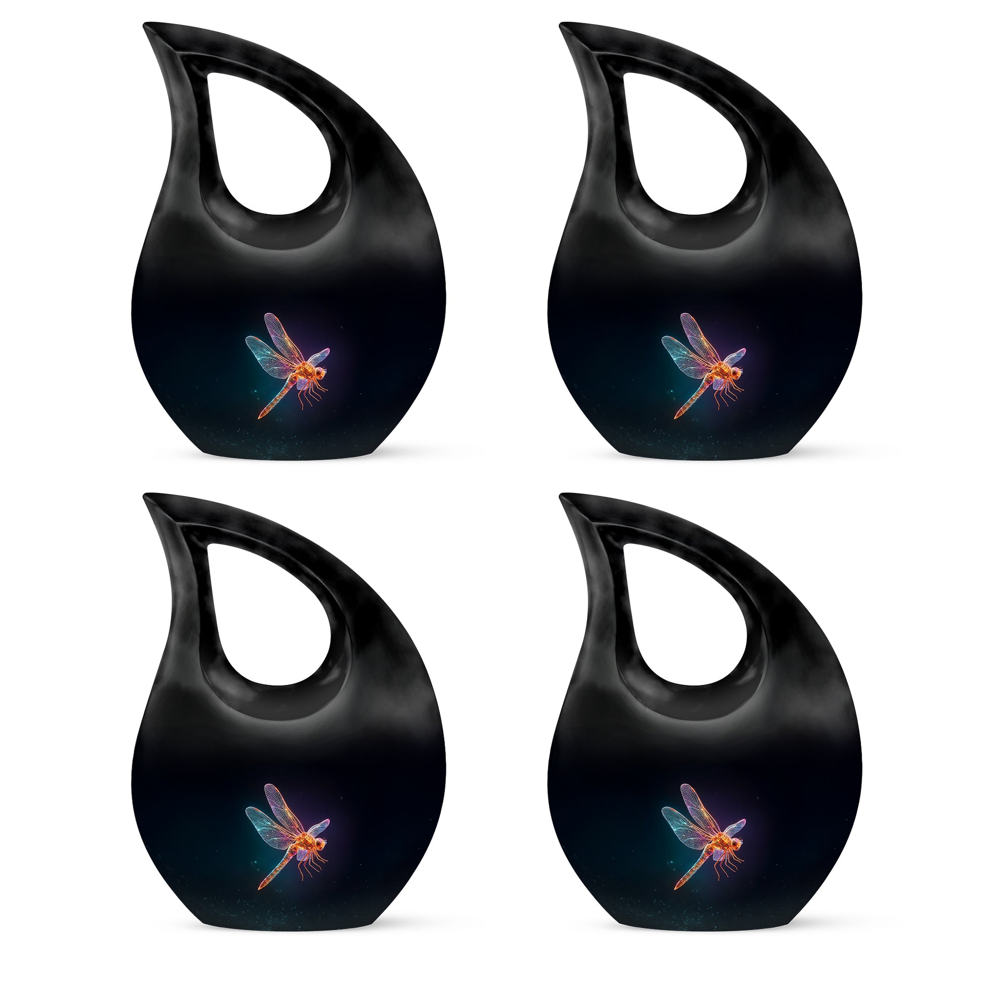 Dark Black Dragonfly Cremation Urn lifestyle display on memorial shelf - faith-inspired cross-drop urn with dragonfly pattern - 10 inch aluminum urn for cremated remains