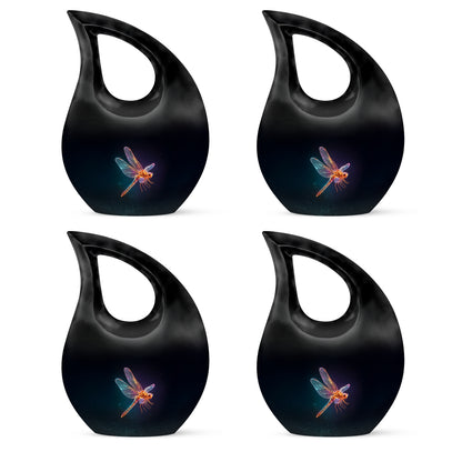 Dark Black Dragonfly Cremation Urn lifestyle display on memorial shelf - faith-inspired cross-drop urn with dragonfly pattern - 10 inch aluminum urn for cremated remains