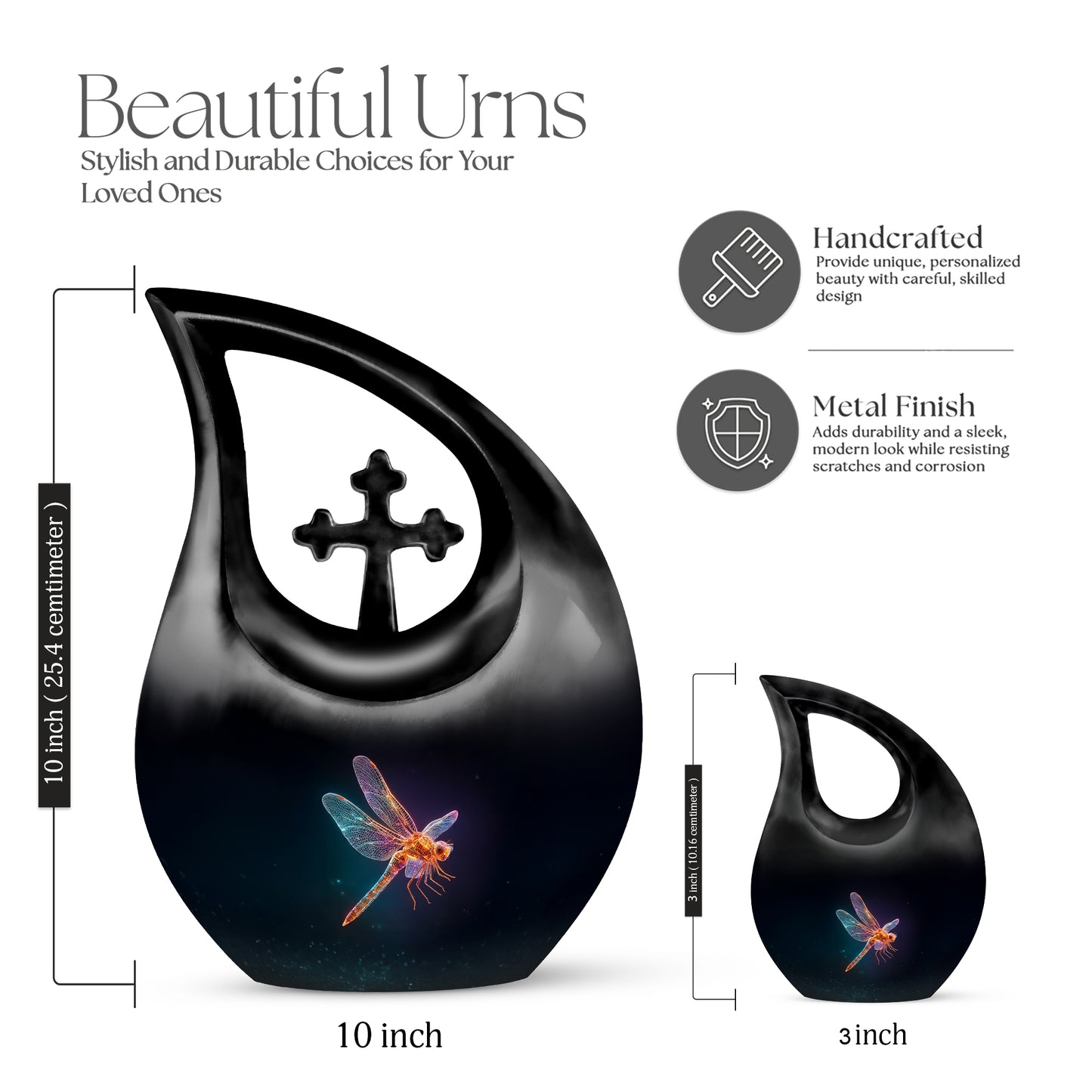Obsidian Black Dragonfly Cremation Urn back view with polished surface - devotional cross-drop dragonfly engraving - mini keepsake memorial for portion of cremation ashes