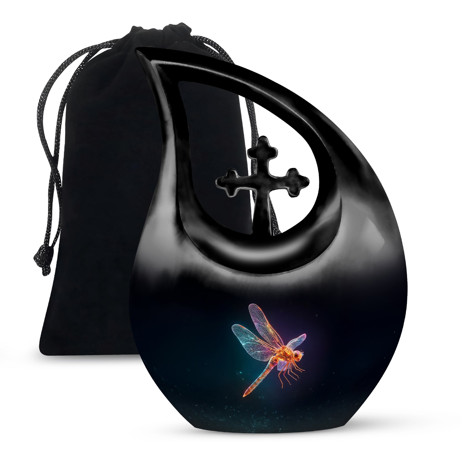 Obsidian Black Dragonfly Cremation Urn top-down view of secure threaded lid - devotional cross-drop dragonfly engraving - full-size 10 inch 200 cubic inch adult cremation urn