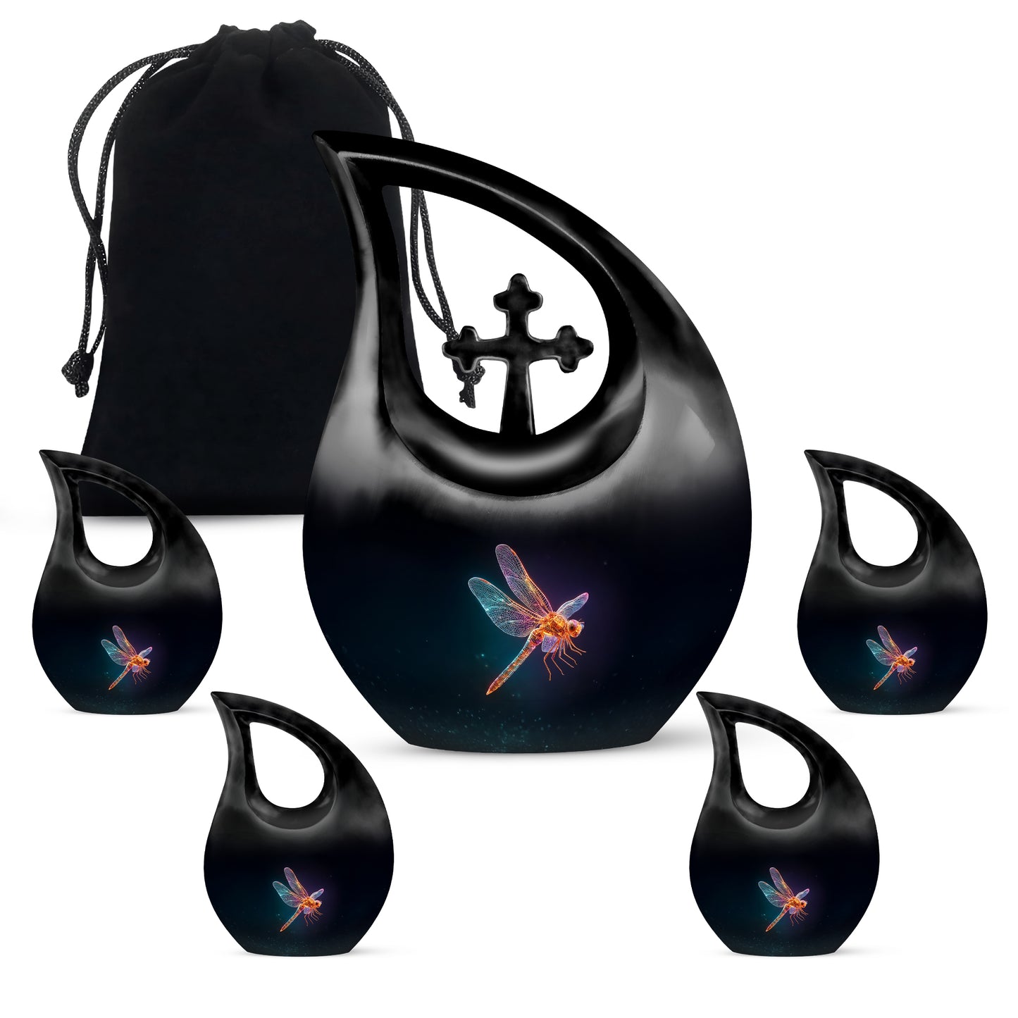 Ebony Dragonfly Cremation Urn urn with complimentary velvet bag - cross and dragonfly combined in spiritual memorial design - memorial set with one large and four small urns