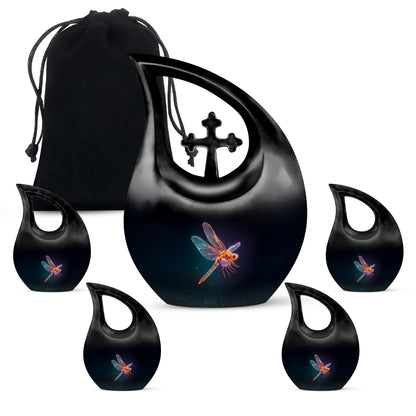 Ebony Dragonfly Cremation Urn urn with complimentary velvet bag - cross and dragonfly combined in spiritual memorial design - memorial set with one large and four small urns