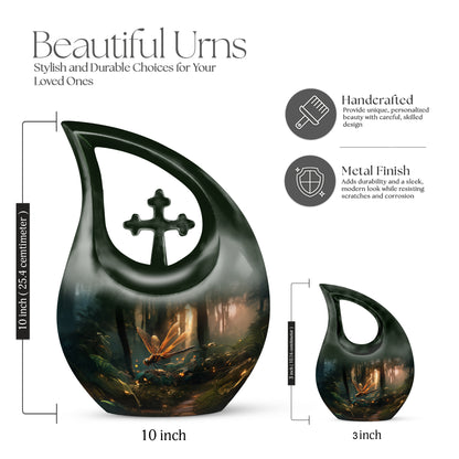 Charcoal Black Dragonfly Cremation Urn back view with polished surface - faith-inspired cross-drop urn with dragonfly pattern - mini keepsake memorial for portion of cremation ashes