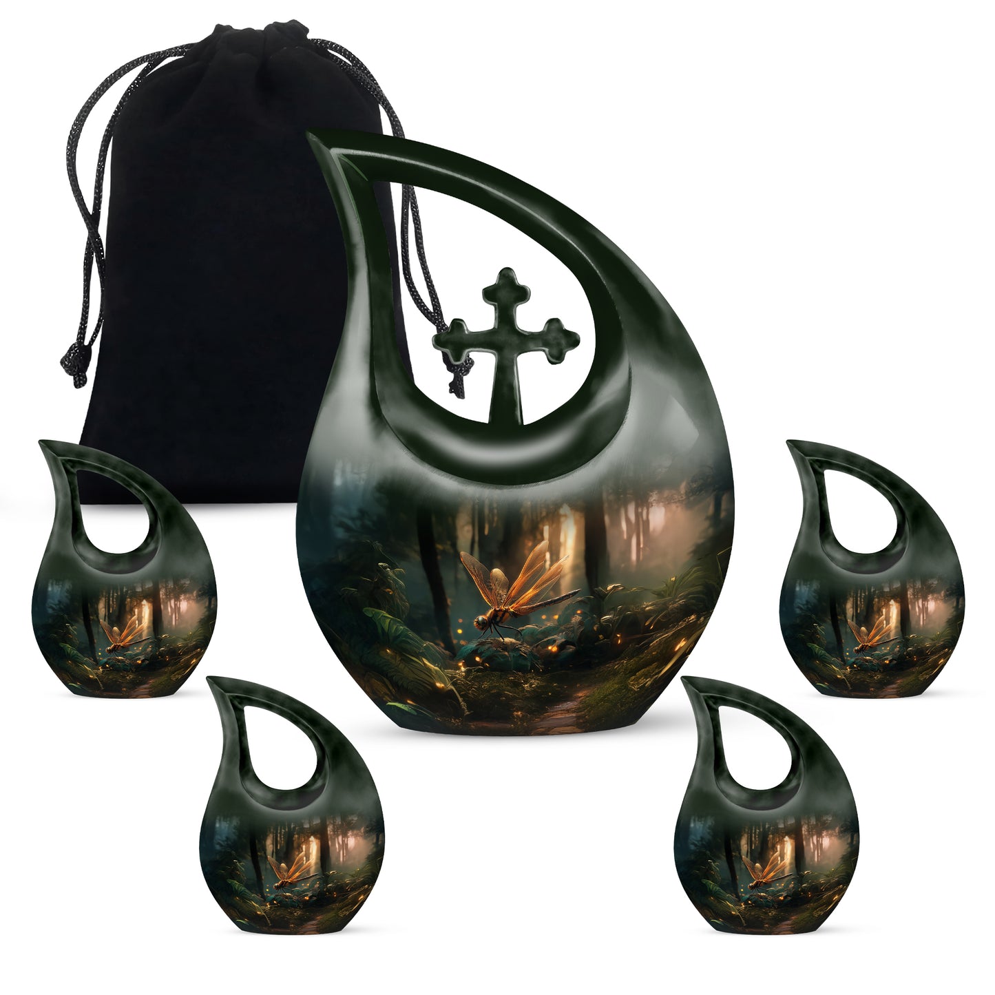 Ebony Dragonfly Cremation Urn urn with complimentary velvet bag - cross and dragonfly combined in spiritual memorial design - memorial set with one large and four small urns
