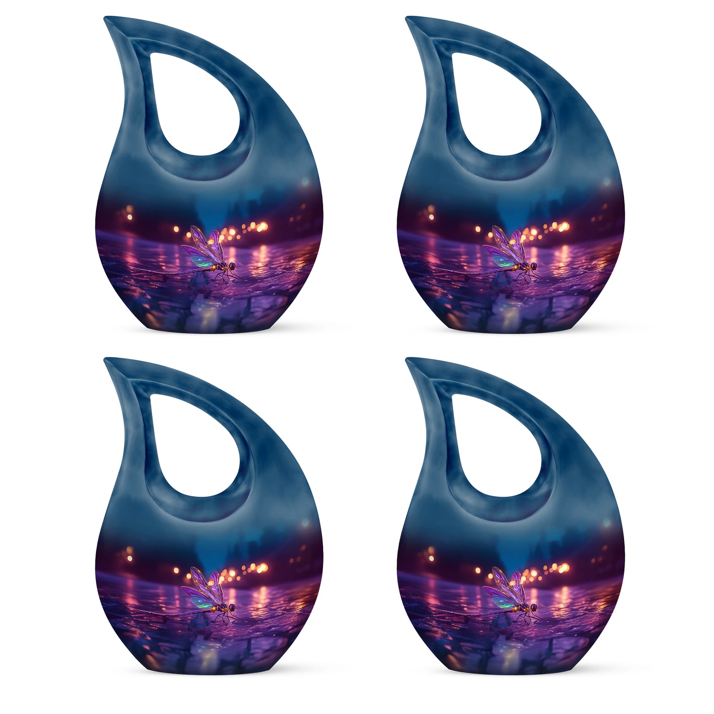Celestial Blue Dragonfly Cremation Urn lifestyle display on memorial shelf - cross and dragonfly combined in spiritual memorial design - 10 inch aluminum urn for cremated remains