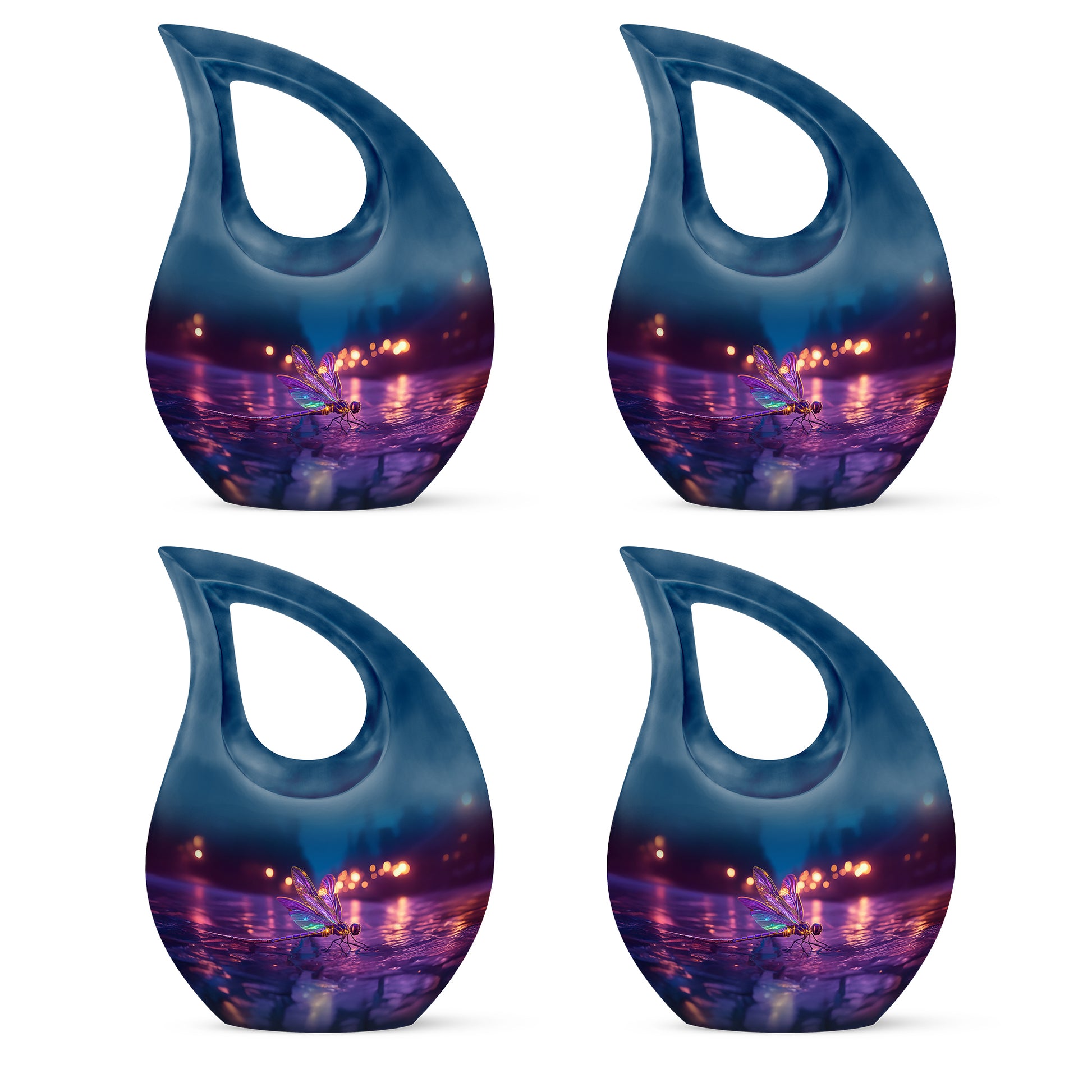 Celestial Blue Dragonfly Cremation Urn lifestyle display on memorial shelf - cross and dragonfly combined in spiritual memorial design - 10 inch aluminum urn for cremated remains