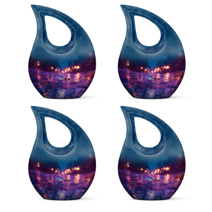 Celestial Blue Dragonfly Cremation Urn lifestyle display on memorial shelf - cross and dragonfly combined in spiritual memorial design - 10 inch aluminum urn for cremated remains