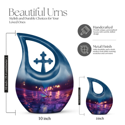Calming Blue Dragonfly Cremation Urn back view with polished surface - devotional cross-drop dragonfly engraving - mini keepsake memorial for portion of cremation ashes