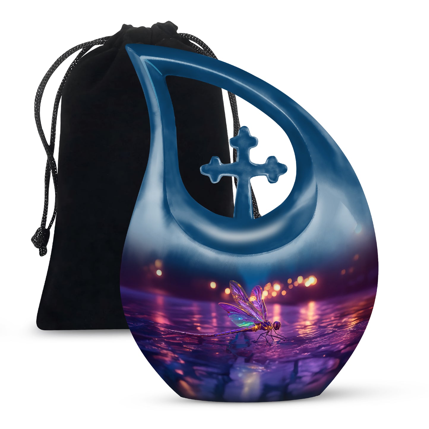 Twilight Blue Dragonfly Cremation Urn top-down view of secure threaded lid - devotional cross-drop dragonfly engraving - full-size 10 inch 200 cubic inch adult cremation urn