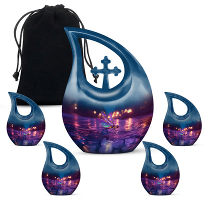 Cornflower Blue Dragonfly Cremation Urn urn with complimentary velvet bag - devotional cross-drop dragonfly engraving - memorial set with one large and four small urns