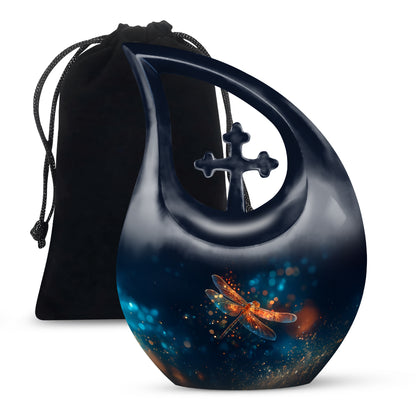Serene Blue Dragonfly Cremation Urn top-down view of secure threaded lid - devotional cross-drop dragonfly engraving - full-size 10 inch 200 cubic inch adult cremation urn