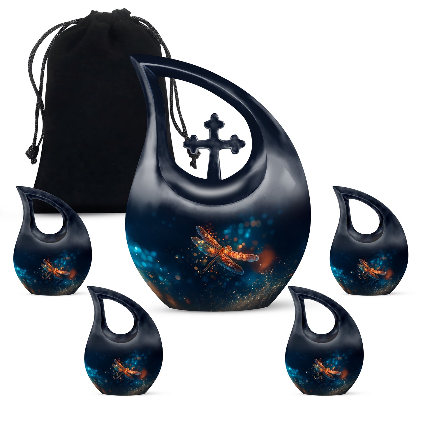 Bright Blue Dragonfly Cremation Urn urn with complimentary velvet bag - devotional cross-drop dragonfly engraving - memorial set with one large and four small urns