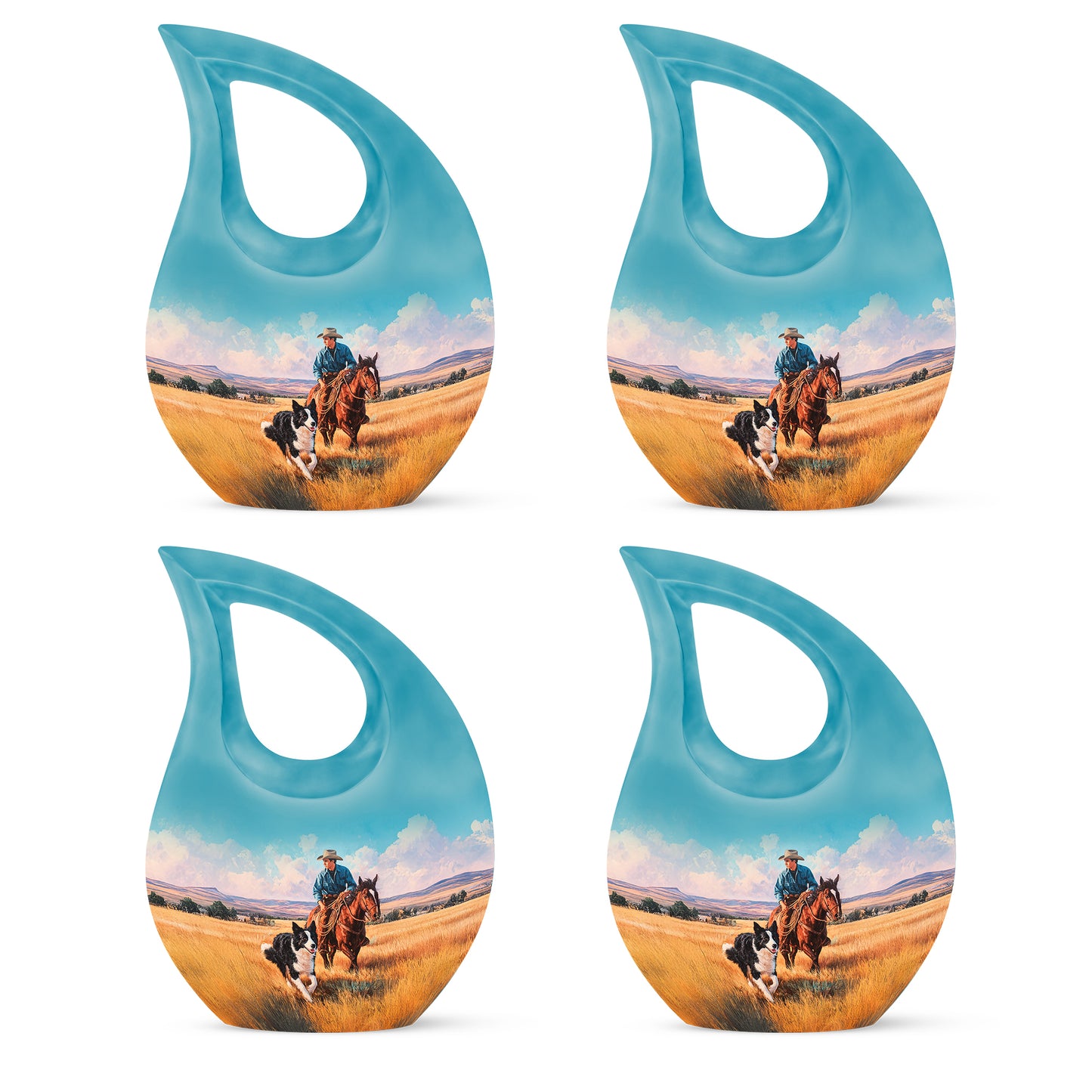 Aqua Teal Cowboy Cremation Urn lifestyle display on memorial shelf - devotional cross-drop cowboy engraving - 10 inch aluminum urn for cremated remains