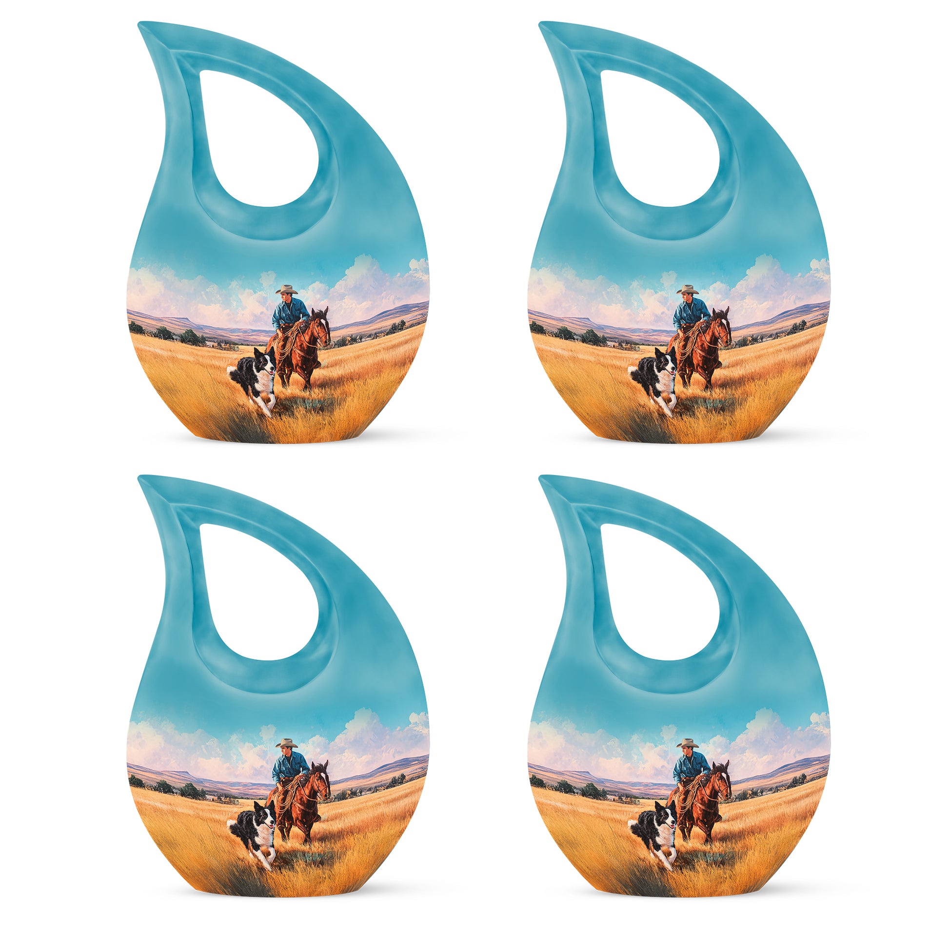 Aqua Teal Cowboy Cremation Urn lifestyle display on memorial shelf - devotional cross-drop cowboy engraving - 10 inch aluminum urn for cremated remains
