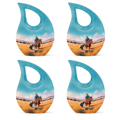 Aqua Teal Cowboy Cremation Urn lifestyle display on memorial shelf - devotional cross-drop cowboy engraving - 10 inch aluminum urn for cremated remains