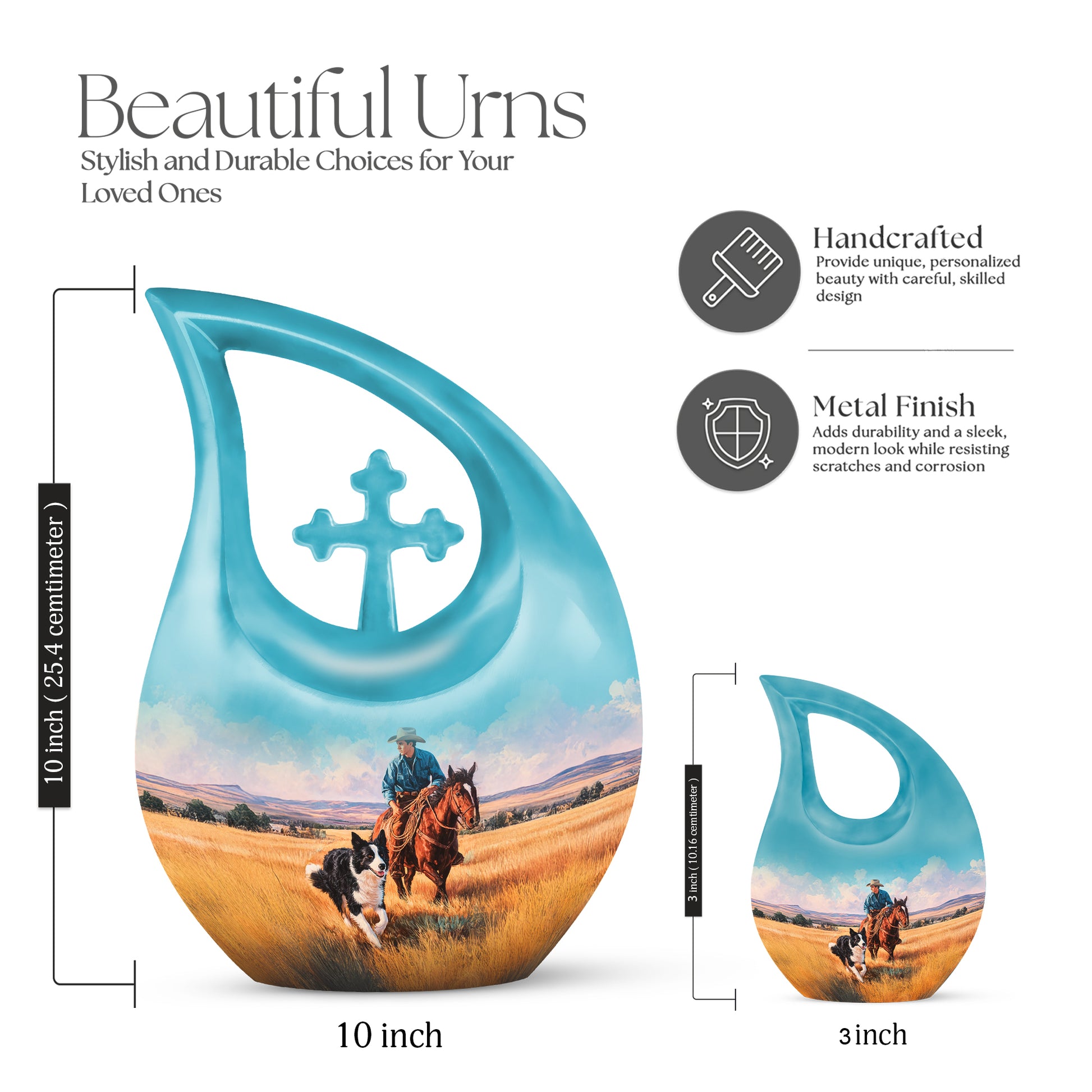 Vivid Teal Cowboy Cremation Urn back view with polished surface - faith-inspired cross-drop urn with cowboy pattern - mini keepsake memorial for portion of cremation ashes