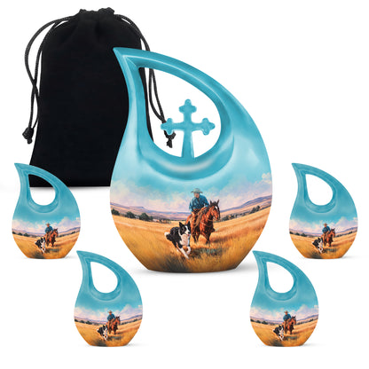 Cool Teal Cowboy Cremation Urn urn with complimentary velvet bag - sacred cross merged with cowboy motif on metal - memorial set with one large and four small urns