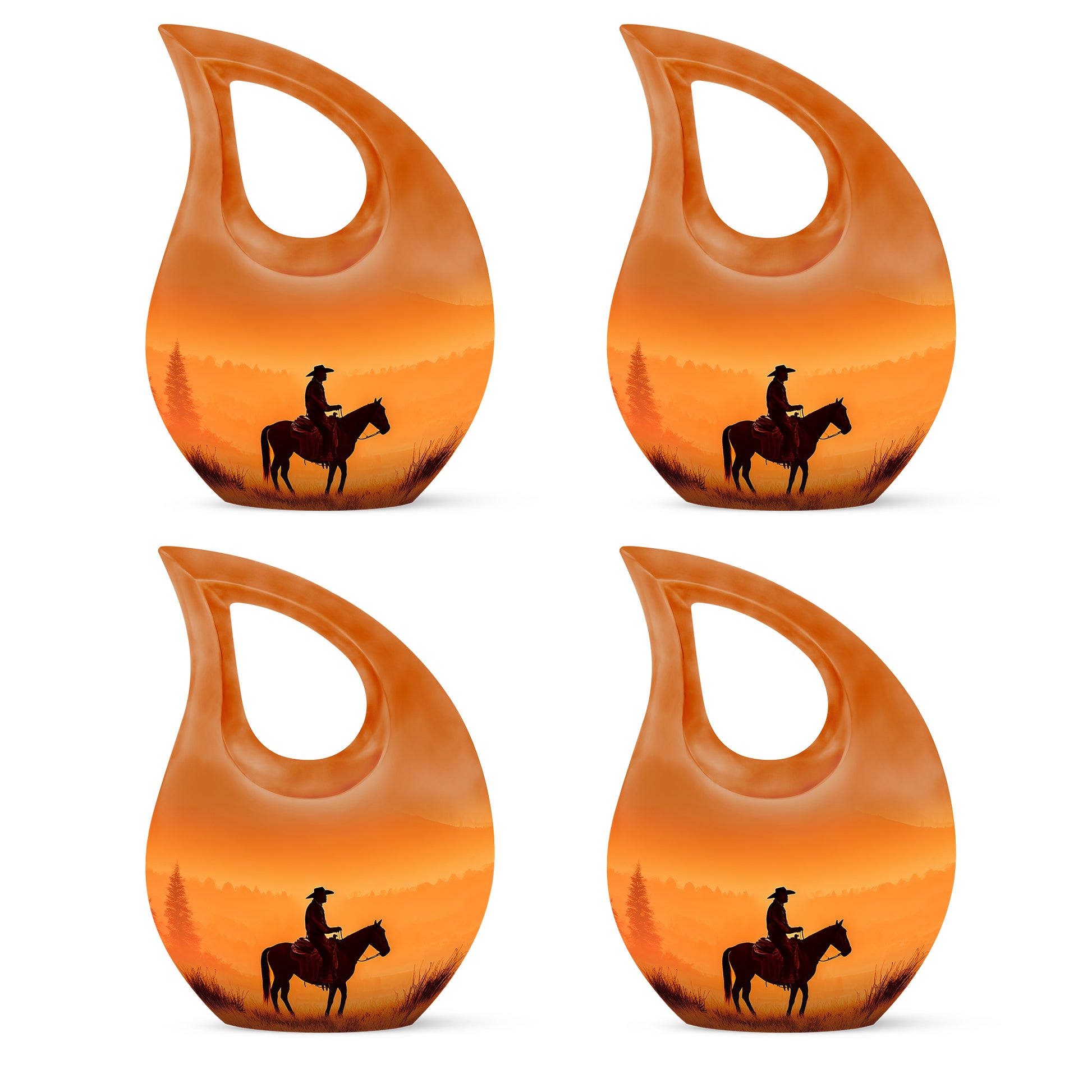 Matte Gold Cowboy Cremation Urn lifestyle display on memorial shelf - devotional cross-drop cowboy engraving - 10 inch aluminum urn for cremated remains