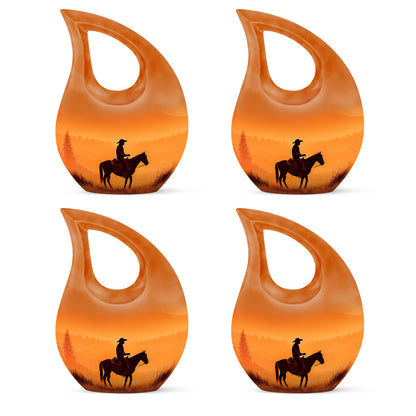 Matte Gold Cowboy Cremation Urn lifestyle display on memorial shelf - devotional cross-drop cowboy engraving - 10 inch aluminum urn for cremated remains