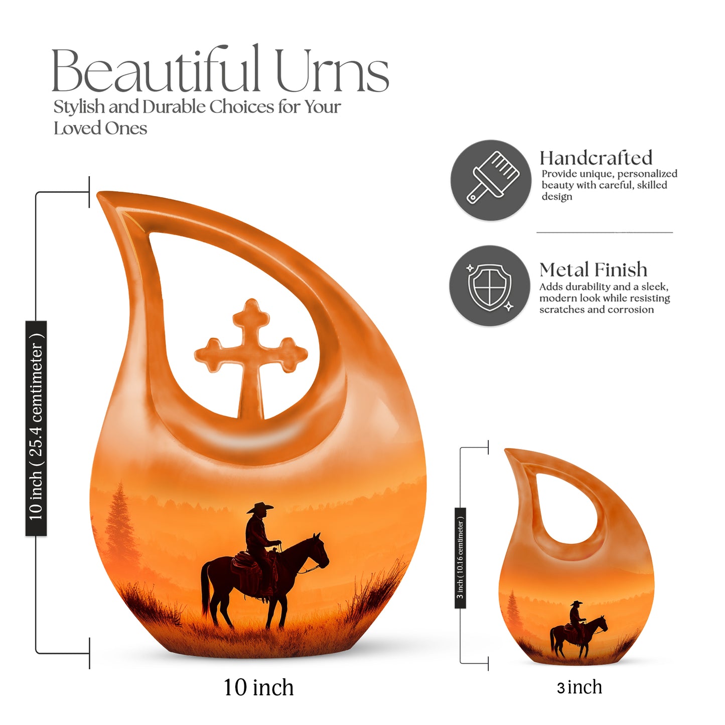 Amber Gold Cowboy Cremation Urn back view with polished surface - sacred cross merged with cowboy motif on metal - mini keepsake memorial for portion of cremation ashes