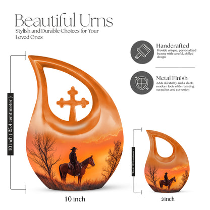 Deep Red Cowboy Cremation Urn back view with polished surface - cross and cowboy combined in spiritual memorial design - mini keepsake memorial for portion of cremation ashes