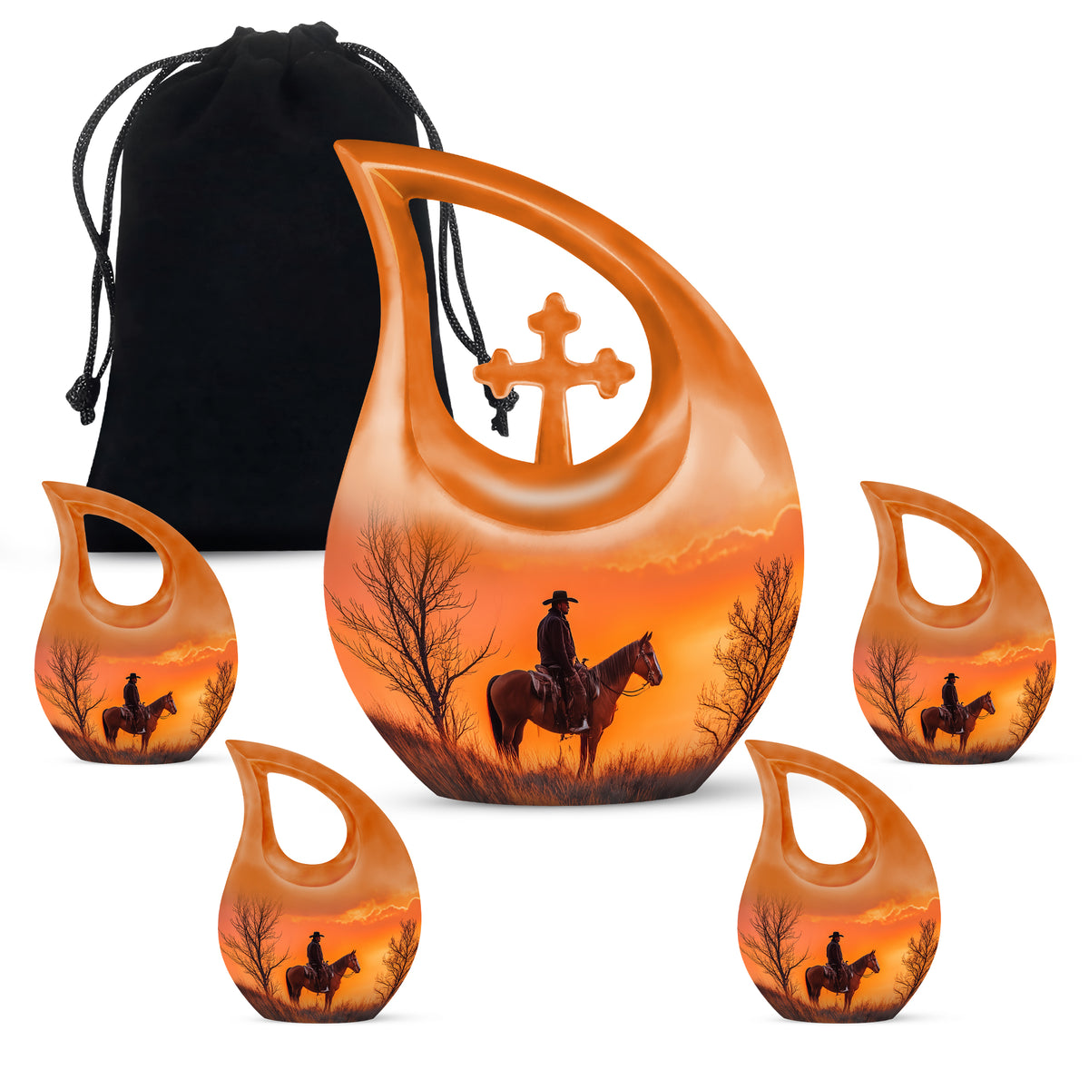 Cherry Red Cowboy Cremation Urn urn with complimentary velvet bag - devotional cross-drop cowboy engraving - memorial set with one large and four small urns