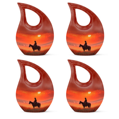 Garnet Red Cowboy Cremation Urn lifestyle display on memorial shelf - sacred cross merged with cowboy motif on metal - 10 inch aluminum urn for cremated remains