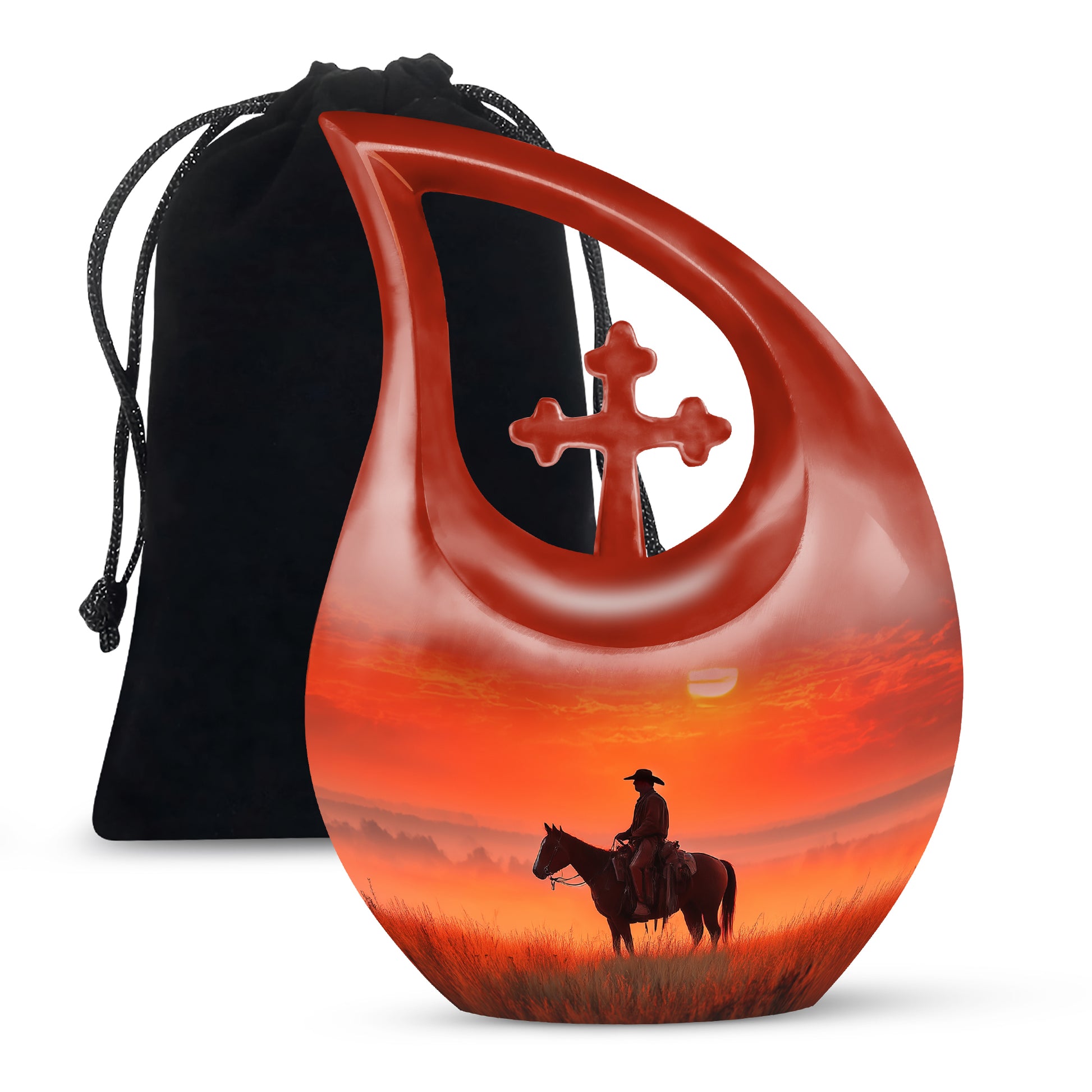 Scarlet Red Cowboy Cremation Urn top-down view of secure threaded lid - faith-inspired cross-drop urn with cowboy pattern - full-size 10 inch 200 cubic inch adult cremation urn