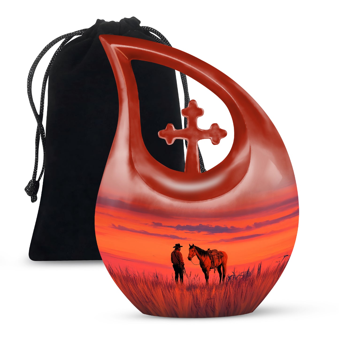 Wine Red Cowboy Cremation Urn top-down view of secure threaded lid - sacred cross merged with cowboy motif on metal - full-size 10 inch 200 cubic inch adult cremation urn