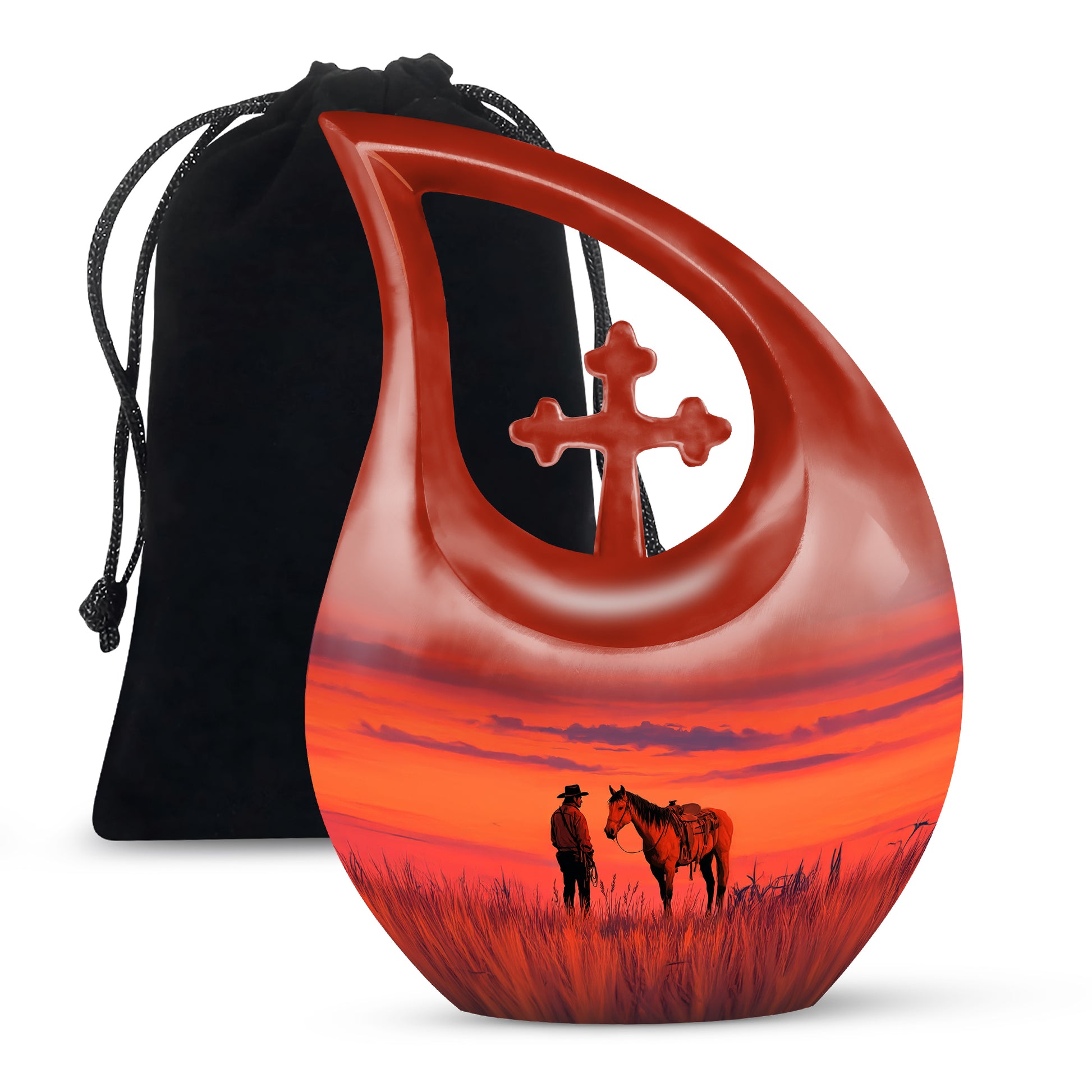 Wine Red Cowboy Cremation Urn top-down view of secure threaded lid - sacred cross merged with cowboy motif on metal - full-size 10 inch 200 cubic inch adult cremation urn