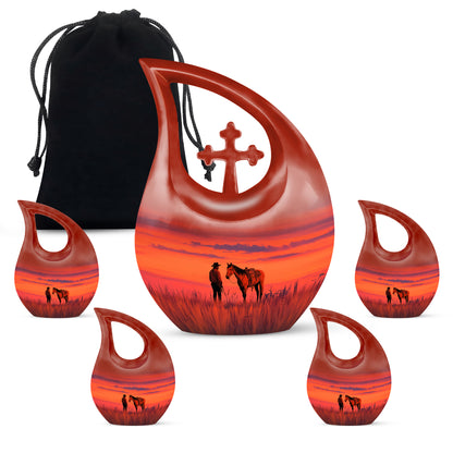Rich Red Cowboy Cremation Urn urn with complimentary velvet bag - devotional cross-drop cowboy engraving - memorial set with one large and four small urns