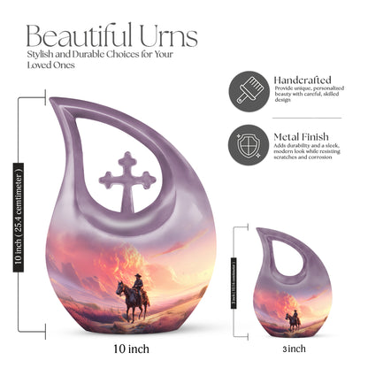 Icy Blue Cowboy Cremation Urn back view with polished surface - sacred cross merged with cowboy motif on metal - mini keepsake memorial for portion of cremation ashes