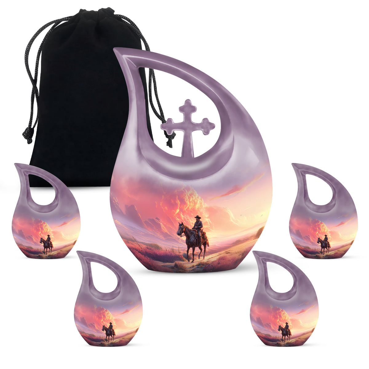Sapphire Blue Cowboy Cremation Urn urn with complimentary velvet bag - faith-inspired cross-drop urn with cowboy pattern - memorial set with one large and four small urns