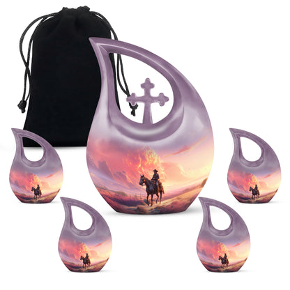 Sapphire Blue Cowboy Cremation Urn urn with complimentary velvet bag - faith-inspired cross-drop urn with cowboy pattern - memorial set with one large and four small urns