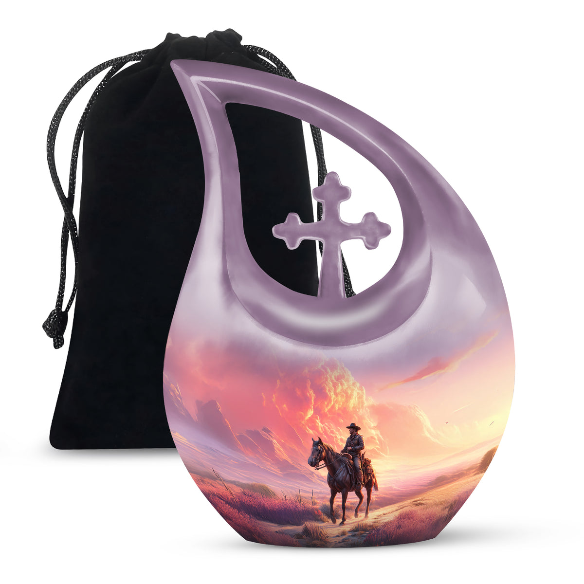 Cobalt Blue Cowboy Cremation Urn top-down view of secure threaded lid - faith-inspired cross-drop urn with cowboy pattern - full-size 10 inch 200 cubic inch adult cremation urn
