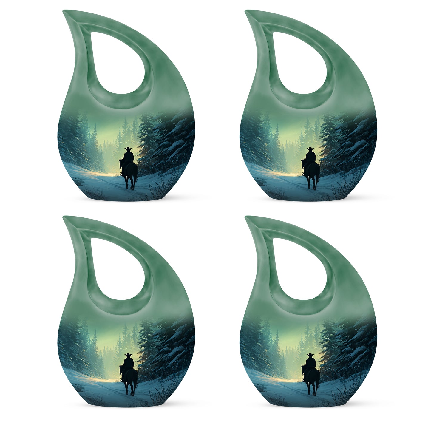 Sage Green Cowboy Cremation Urn lifestyle display on memorial shelf - cross and cowboy combined in spiritual memorial design - 10 inch aluminum urn for cremated remains