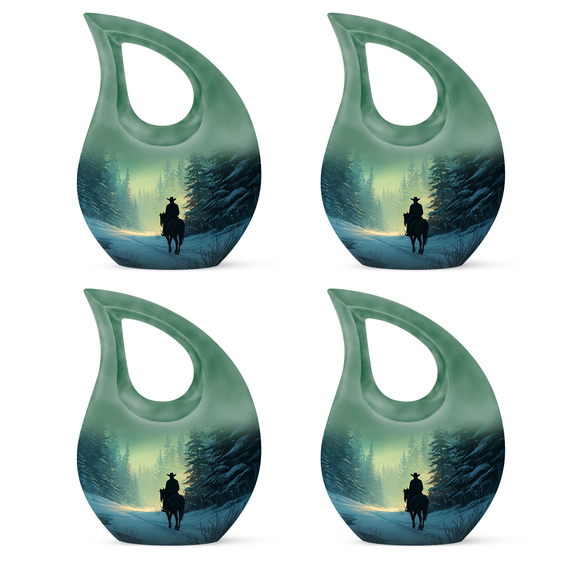 Sage Green Cowboy Cremation Urn lifestyle display on memorial shelf - cross and cowboy combined in spiritual memorial design - 10 inch aluminum urn for cremated remains
