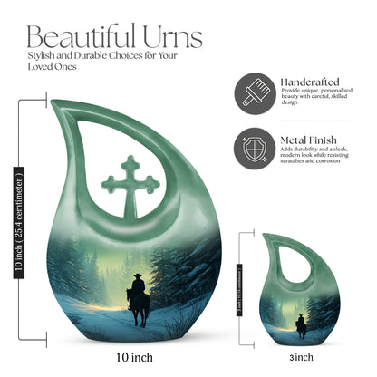 Sage Green Cowboy Cremation Urn back view with polished surface - sacred cross merged with cowboy motif on metal - mini keepsake memorial for portion of cremation ashes