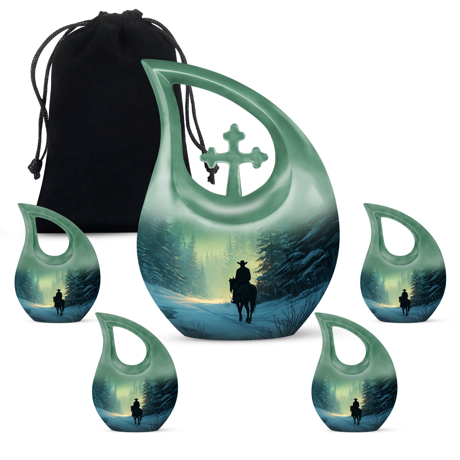 Verdant Green Cowboy Cremation Urn urn with complimentary velvet bag - cross and cowboy combined in spiritual memorial design - memorial set with one large and four small urns