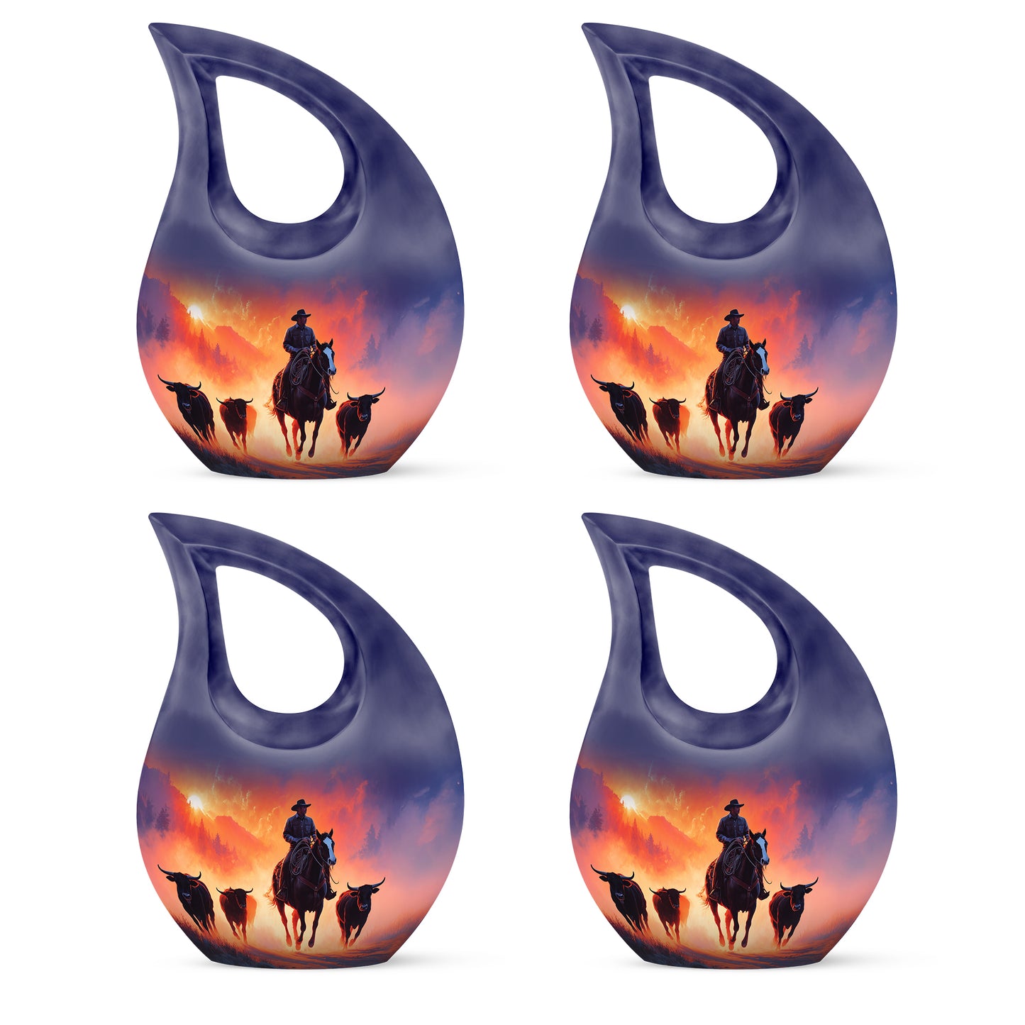 Majestic Purple Cowboy Cremation Urn lifestyle display on memorial shelf - sacred cross merged with cowboy motif on metal - 10 inch aluminum urn for cremated remains