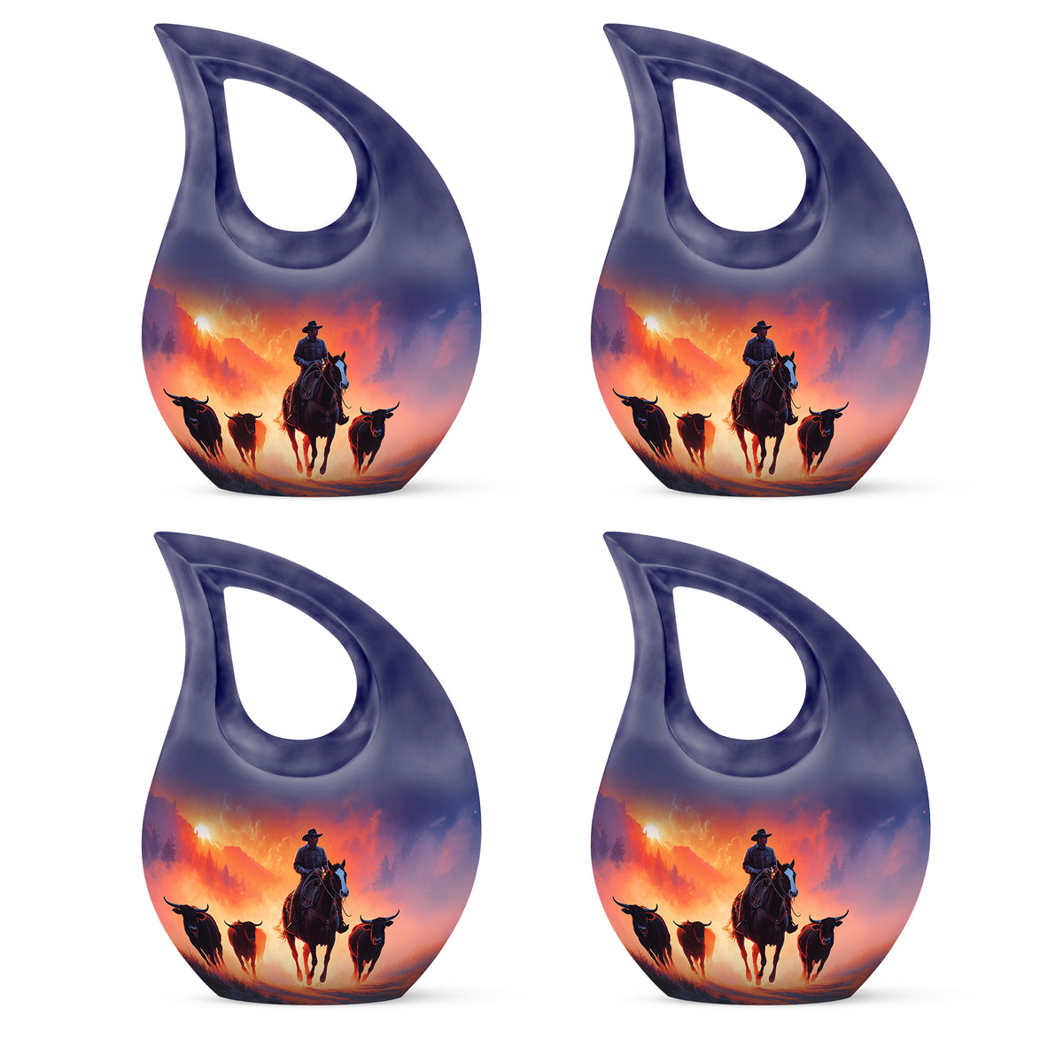 Majestic Purple Cowboy Cremation Urn lifestyle display on memorial shelf - sacred cross merged with cowboy motif on metal - 10 inch aluminum urn for cremated remains