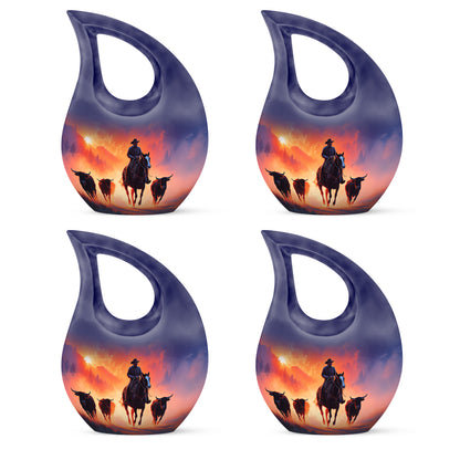 Majestic Purple Cowboy Cremation Urn lifestyle display on memorial shelf - sacred cross merged with cowboy motif on metal - 10 inch aluminum urn for cremated remains